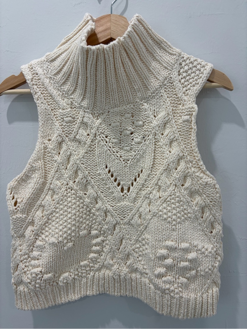 Free People Cream Cable-Knit Sleeveless Turtleneck Vest